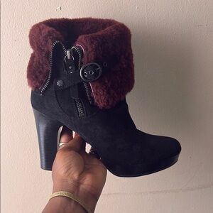 UGG Black and Red Heeled Boots with Plush Trim